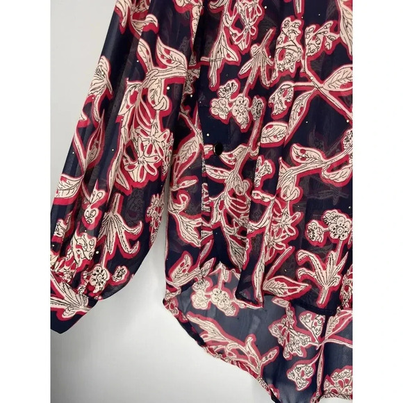ZARA Sheer Studded FLORAL PRINT BLOUSE Button Down Pullover Career Top Sz Small - Picture 4 of 10
